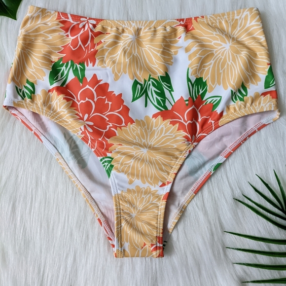 Orange white and green floral print high waist bikini bottom size S M L - Picture 3 of 5